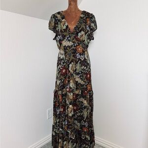 Elegant Floral Maxi Dress in Black and Orange